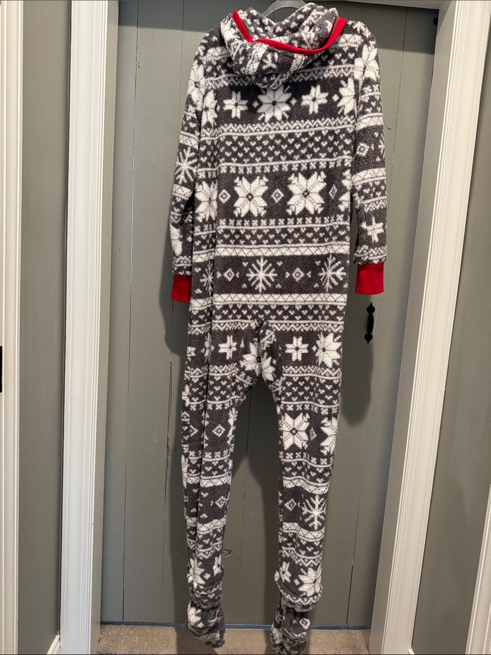 Women's Grey Fair Isle Fleece Onesie Pajamas with Red Trim - Picture 2 of 2